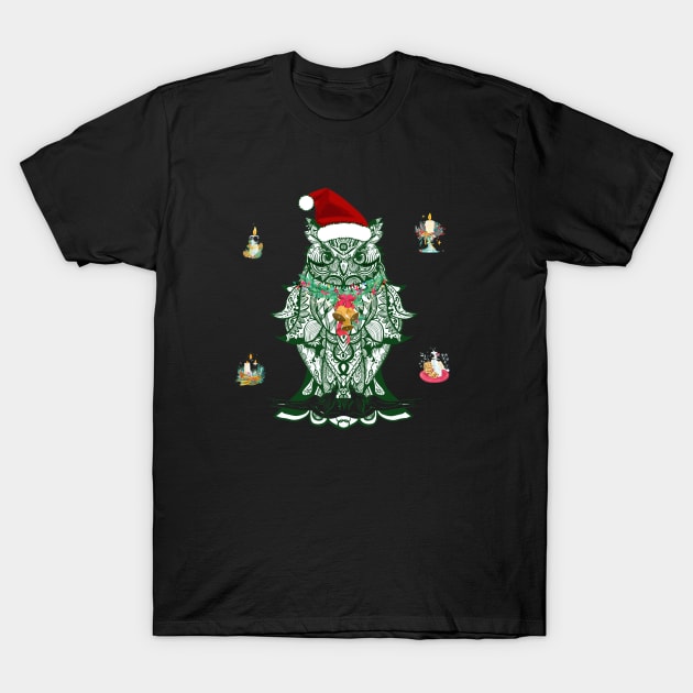 Owl Santa Mandala T-Shirt by Grzzzi